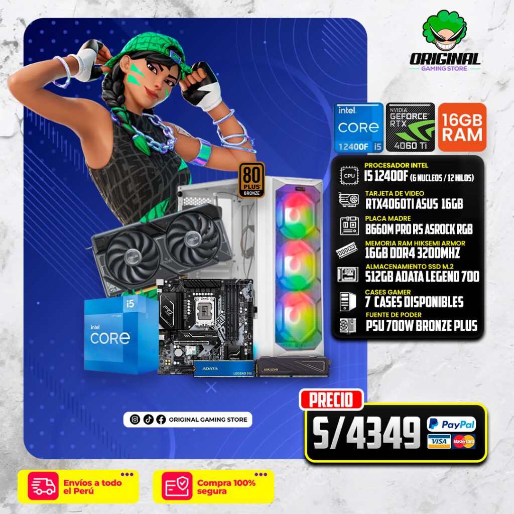 PC STREAMER INTEL i5 12400F + RTX4060TI ASUS 16GB