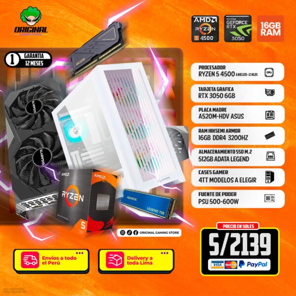 PC GAMER ECO R5 4500 +RTX 3050 6GB + 16 RAM DDR4