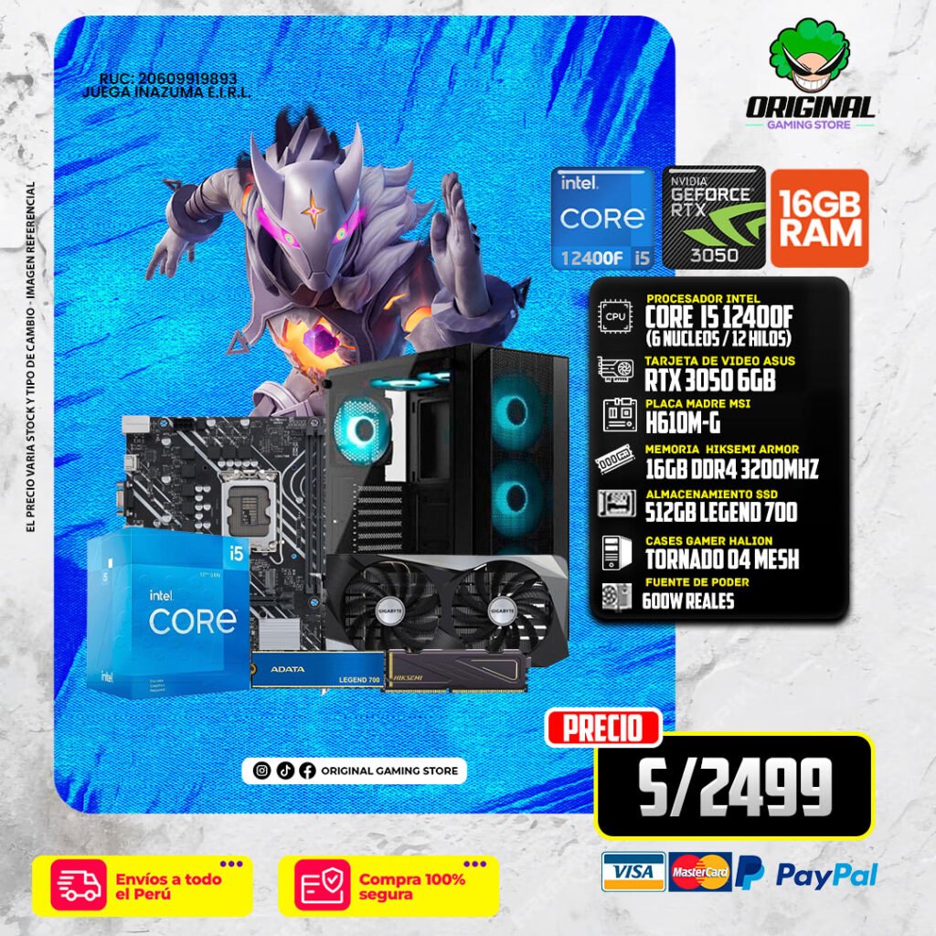 PC GAMER ECO I5 12400F +RTX 3050 6GB + 16 RAM DDR4