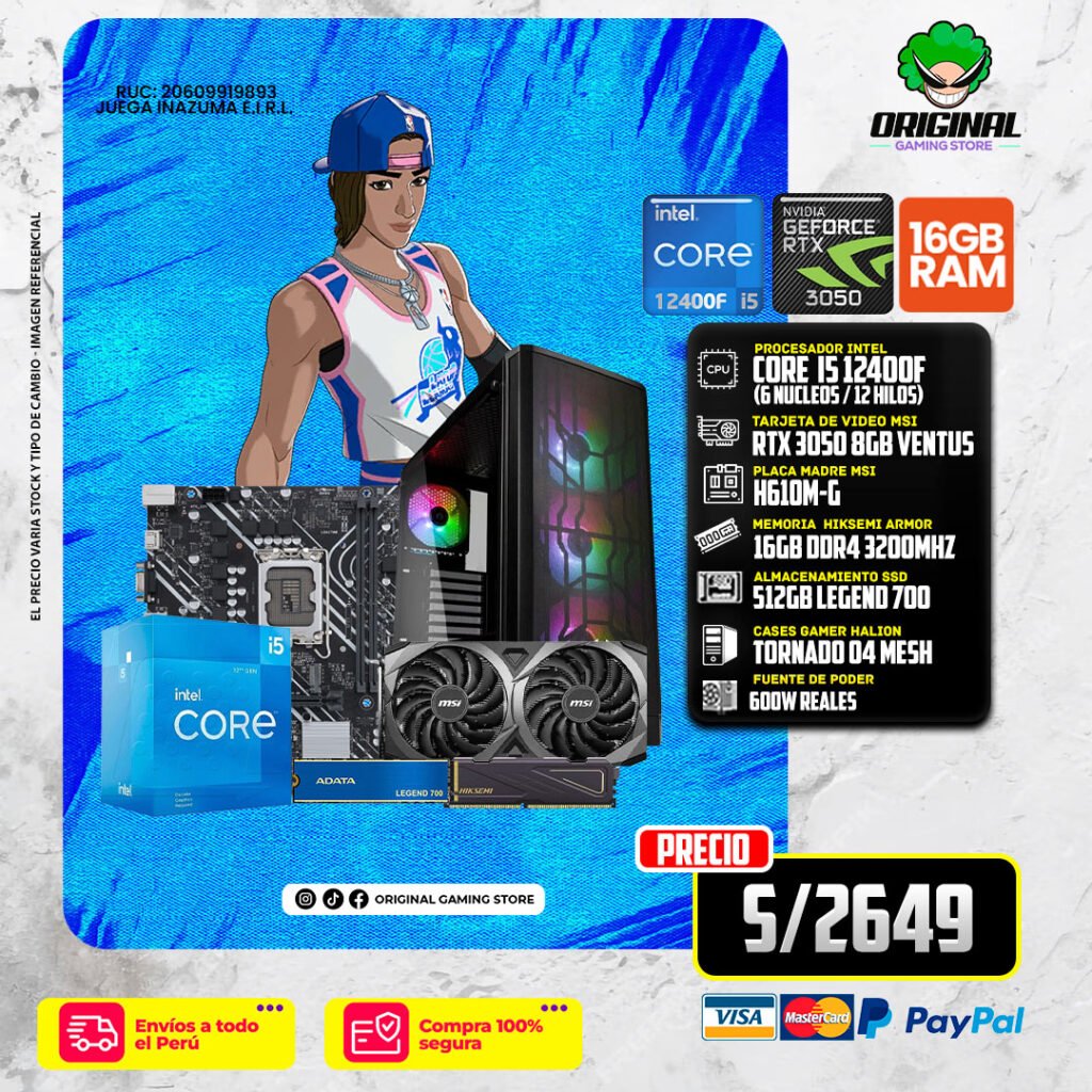 PC GAMER ECO I5 12400F +RTX 3050 8GB + 16 RAM DDR4