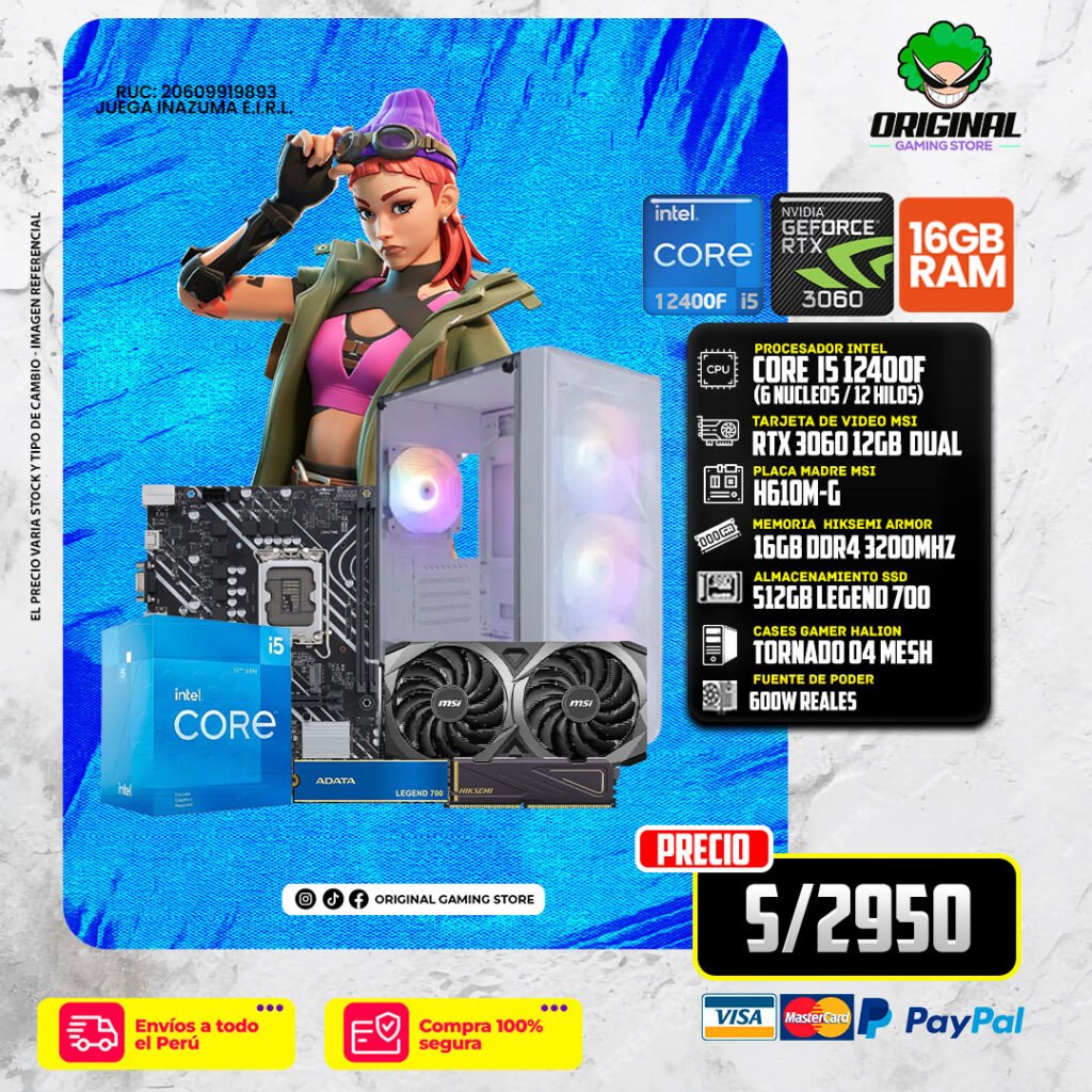 PC GAMER ECO I5 12400F +RTX 3060 12GB + 16 RAM DDR4