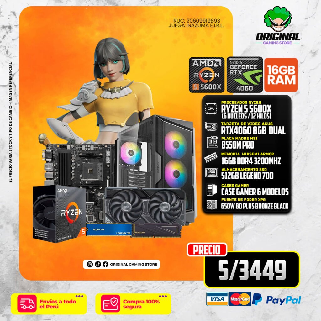 PC GAMER ECO R5 5600X+RTX 4060 8GB + 16 RAM DDR4
