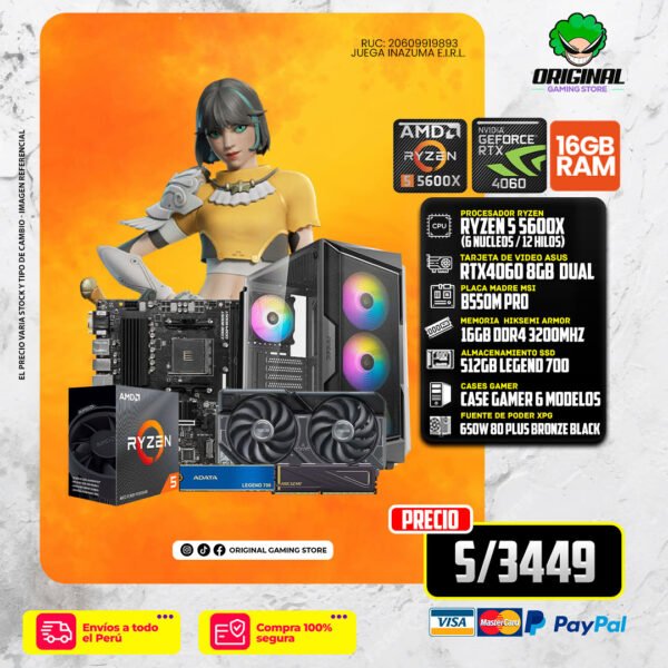 PC GAMER ECO R5 5600X+RTX 4060 8GB + 16 RAM DDR4