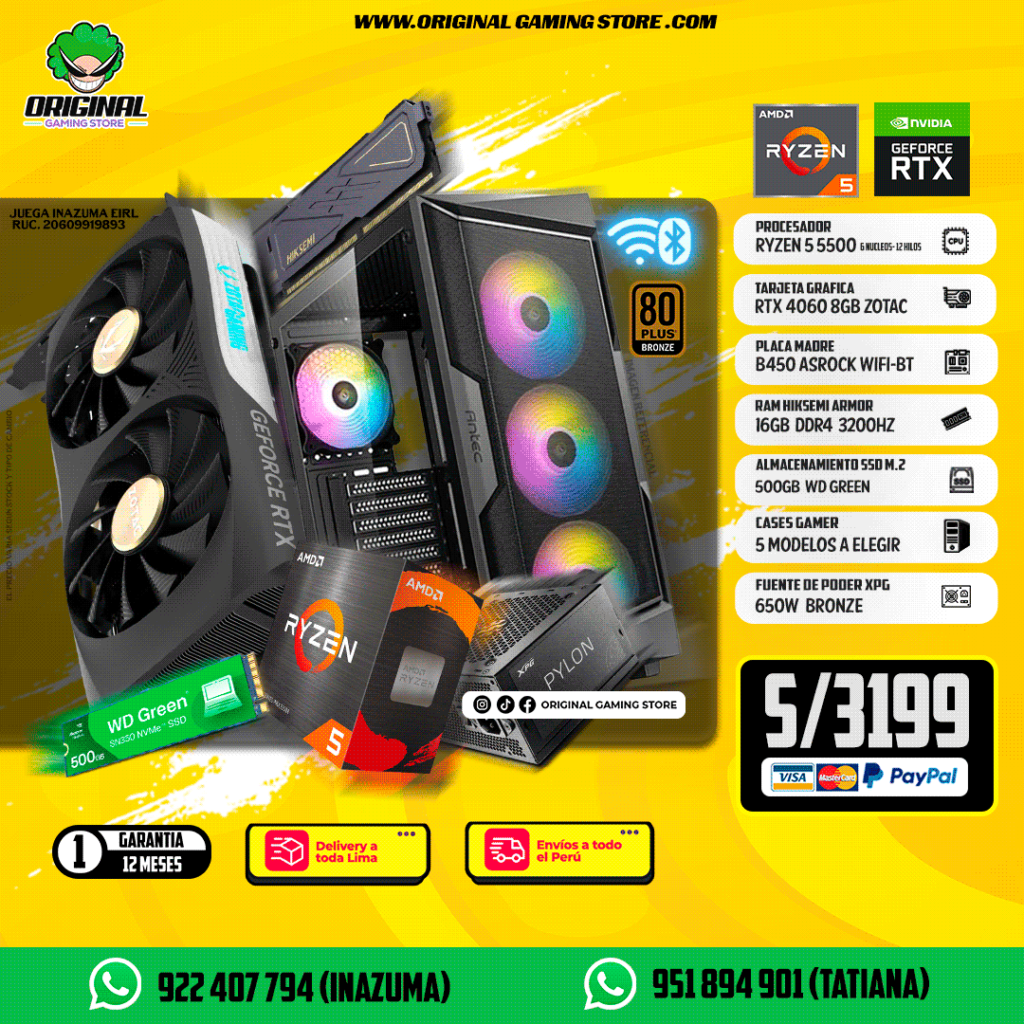 PC GAMER ECO R5 5500 +RTX 4060 8GB + 16 RAM DDR4
