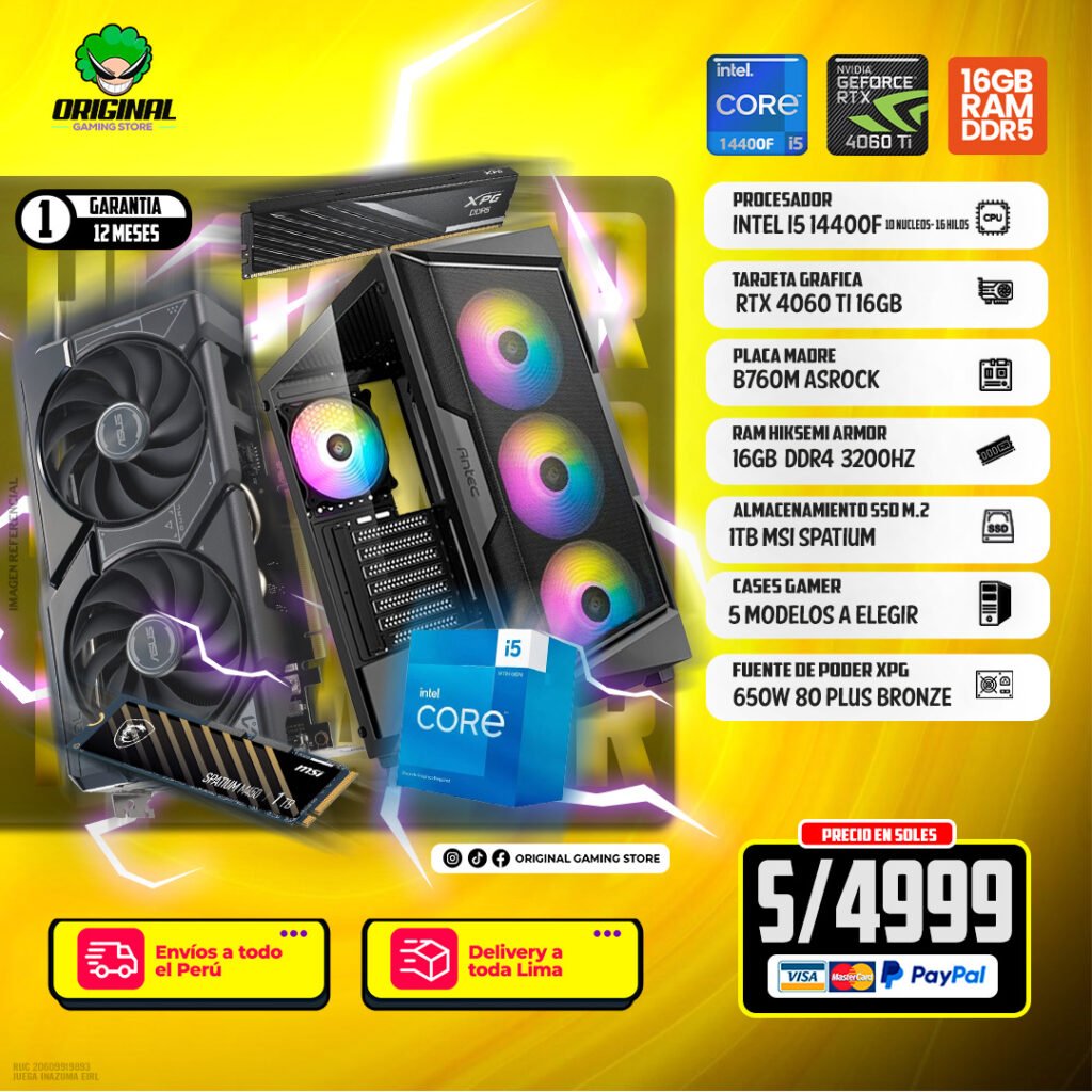 PC STREAMER INTEL I5 14400F + RTX4060 TI 16GB ASUS