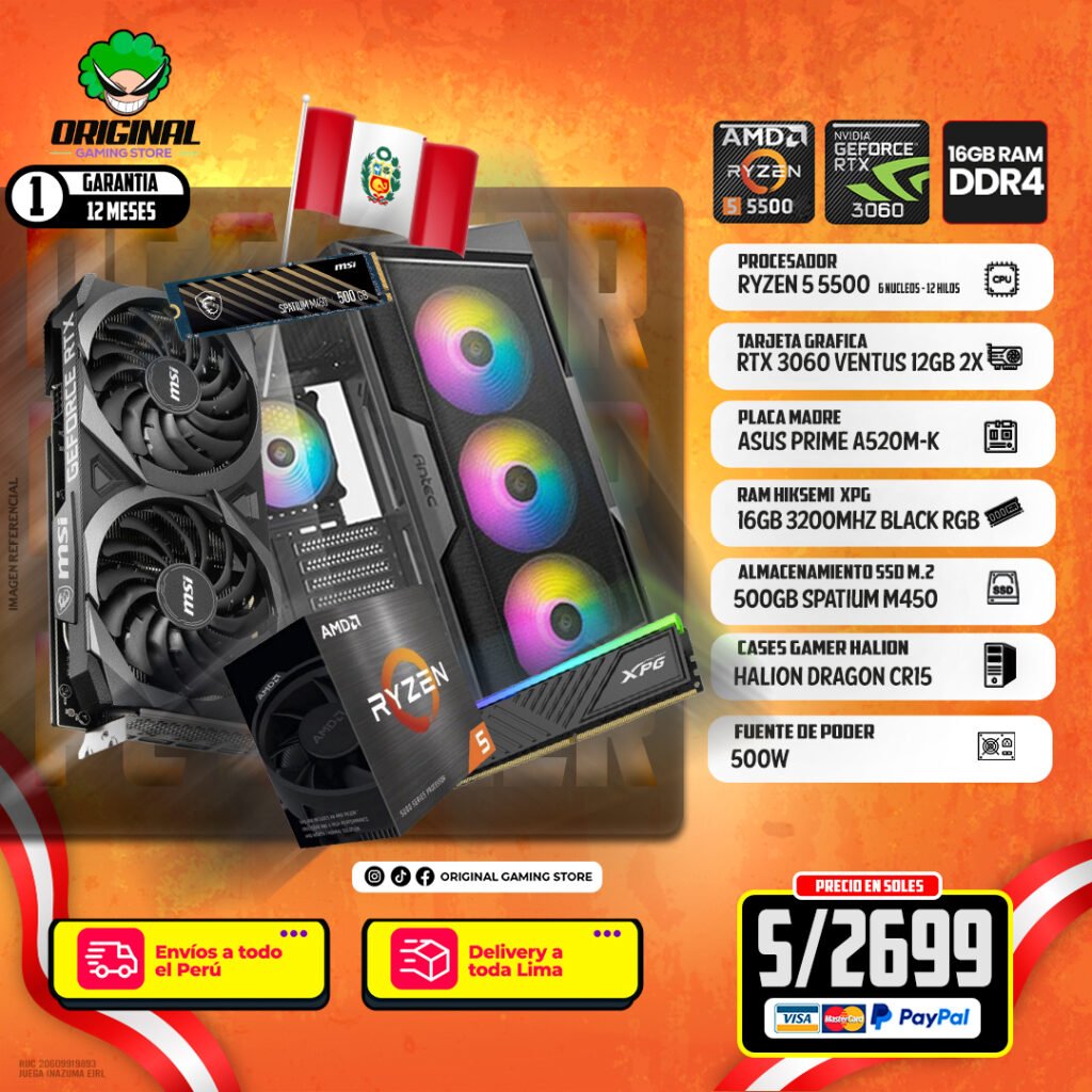 PC GAMER  R5 5500 +RTX 3060 12GB + 16 RAM DDR4