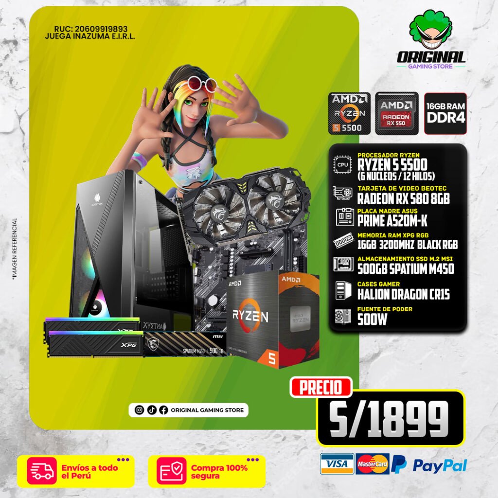 PC GAMER ECO R5 5500 +RX580 8GB + 16 RAM DDR4