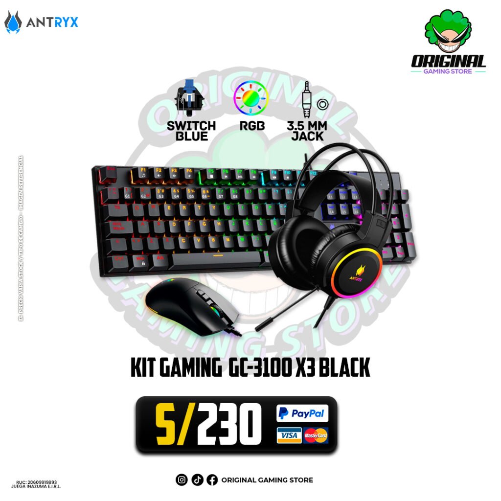 Kit Antryx GC-3100 X3 Black Teclado Switch Blue Mouse Y Auricular