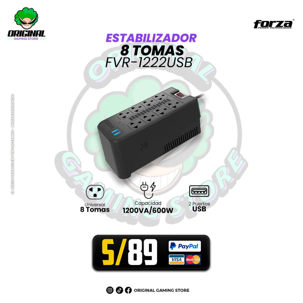 ESTABILIZADOR FORZA FVR-1222 USB 1200VA/600W 8 TOMAS BLACK