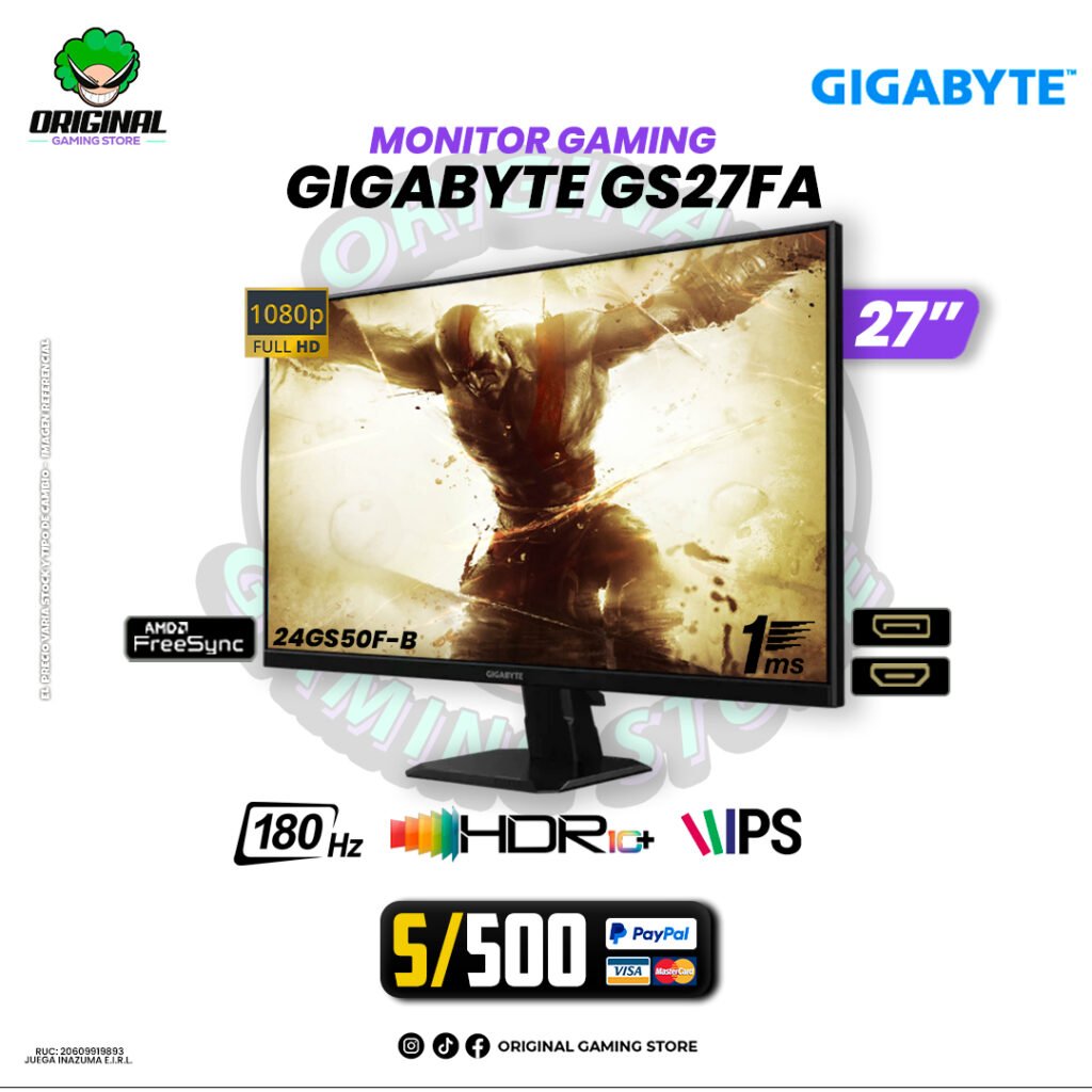 MONITOR GIGABYTE GS27FA, 27" IPS, FHD, 180Hz, 1ms, FreeSync