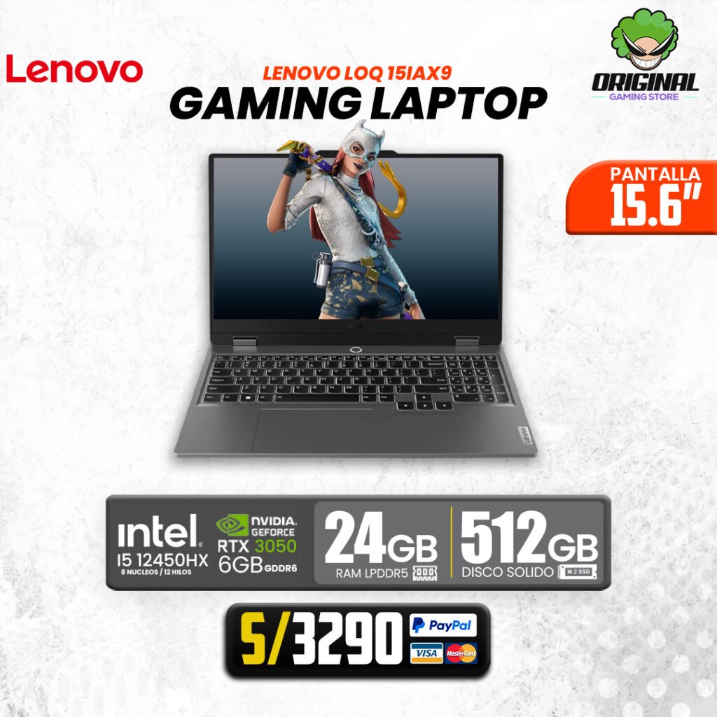 LAPTOP LENOVO LOQ 15IAX9. Ci5-12450HX, 24GB DDR5, SSD 512GB, RTX 3050, 15.6" FHD