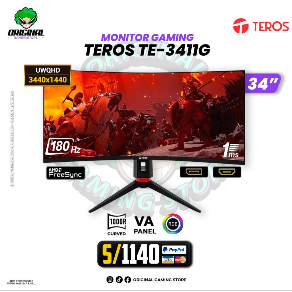 MONITOR GAMING TEROS TE-3411G, 34" CURVO VA, WQHD, 180Hz, 1ms, FreeSync